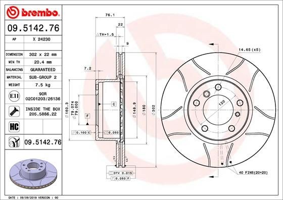 09.5142.76 Brake discs 09.5142.76 BREMBO 302x22mm, 5, internally vented, slotted, Coated, High-carbon