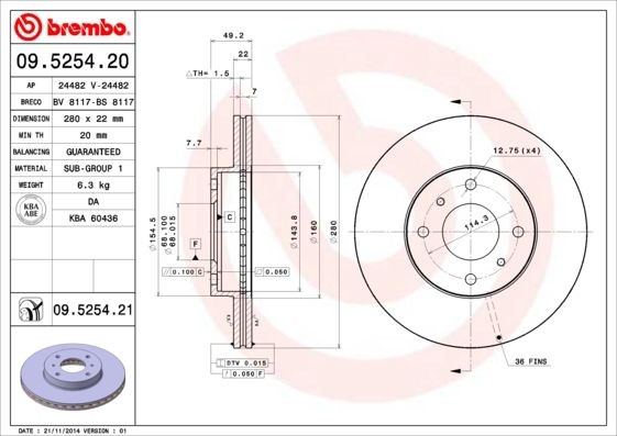 BREMBO 280x22mm, 4, internally vented Ø: 280mm, Num. of holes: 4, Brake Disc Thickness: 22mm Brake rotor 09.5254.20 buy