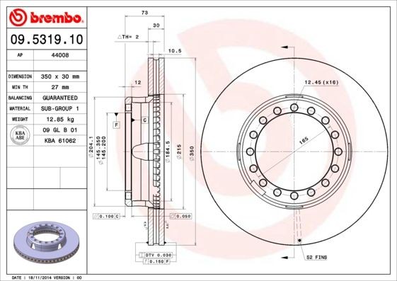 BREMBO 09.5319.10 Bremsscheibe für RENAULT TRUCKS R LKW in Original Qualität