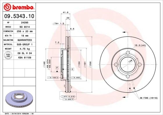 Original BREMBO Disc brake set 09.5343.10 for AUDI 80
