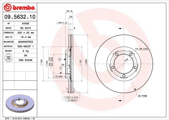 BREMBO 09.5632.10 Brake disc 255x20mm, 5, internally vented