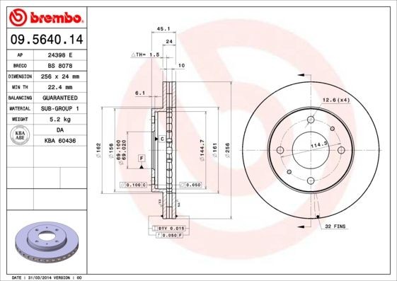 Original BREMBO Disc brake set 09.5640.14 for MITSUBISHI SPACE RUNNER