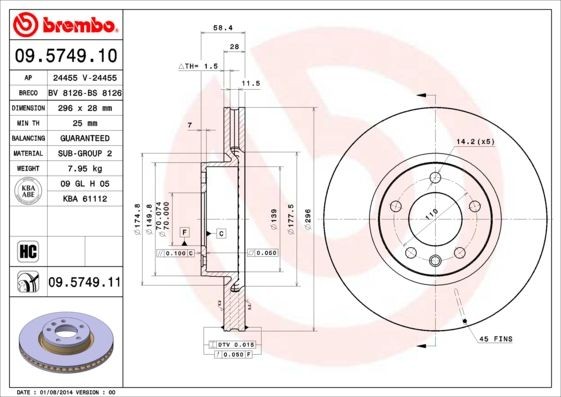 Brake disc BREMBO 09.5749.11 - Opel OMEGA Tuning spare parts order