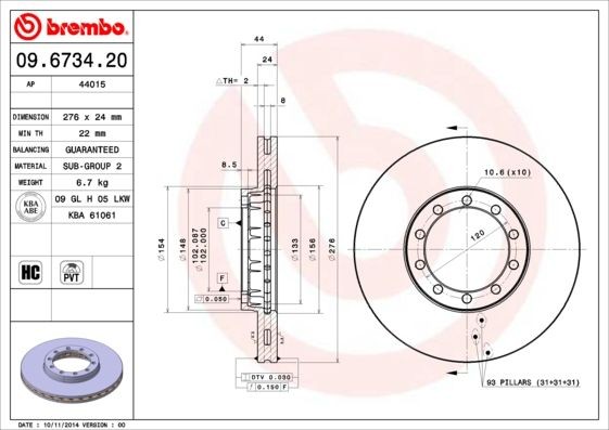 BREMBO 09.6734.20 Brake disc 276x24mm, 10, internally vented, High-carbon