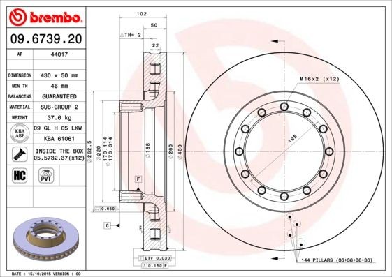 BREMBO 09.6739.20 Bremsscheibe für IVECO EuroCargo I-III LKW in Original Qualität