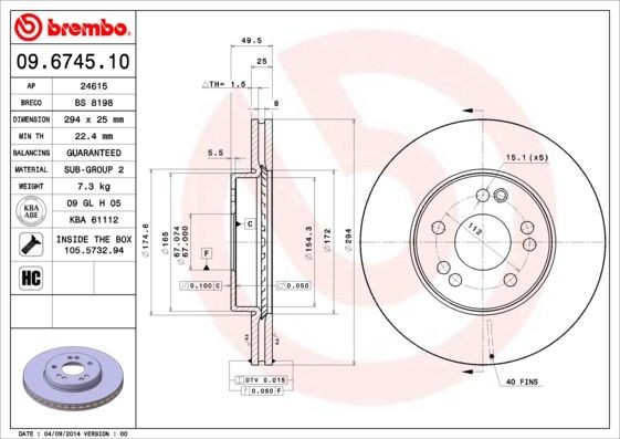 BREMBO 294x25mm, 5, internally vented, High-carbon Ø: 294mm, Num. of holes: 5, Brake Disc Thickness: 25mm Brake rotor 09.6745.10 buy