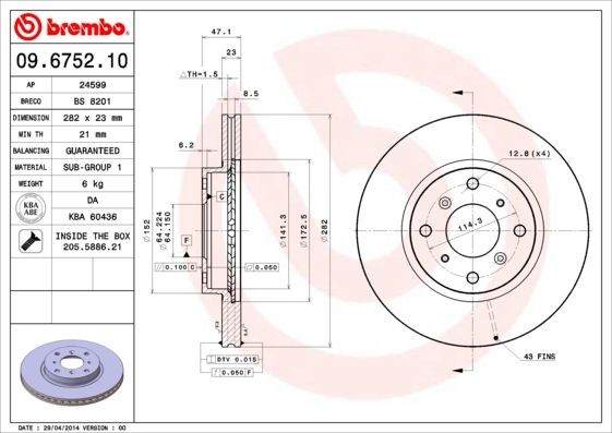 BREMBO 282x23mm, 4, internally vented Ø: 282mm, Num. of holes: 4, Brake Disc Thickness: 23mm Brake rotor 09.6752.10 buy
