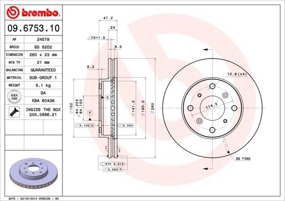 BREMBO 260x23mm, 4, internally vented Ø: 260mm, Num. of holes: 4, Brake Disc Thickness: 23mm Brake rotor 09.6753.10 buy
