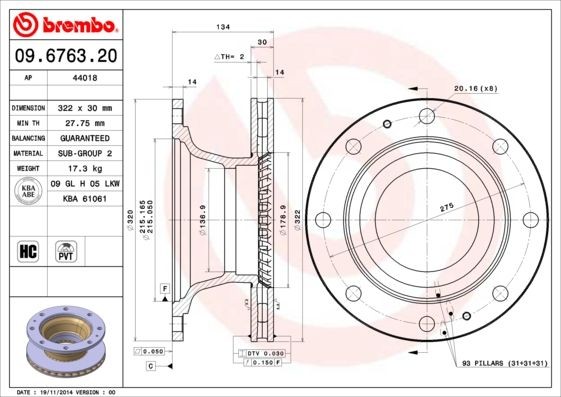 BREMBO 322x30mm, 8, internally vented, High-carbon Ø: 322mm, Num. of holes: 8, Brake Disc Thickness: 30mm Brake rotor 09.6763.20 buy