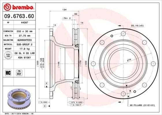 BREMBO 322x30mm, 8, internally vented, High-carbon Ø: 322mm, Num. of holes: 8, Brake Disc Thickness: 30mm Brake rotor 09.6763.60 buy