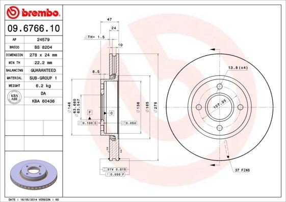 BREMBO 278x24mm, 4, internally vented Ø: 278mm, Num. of holes: 4, Brake Disc Thickness: 24mm Brake rotor 09.6766.10 buy