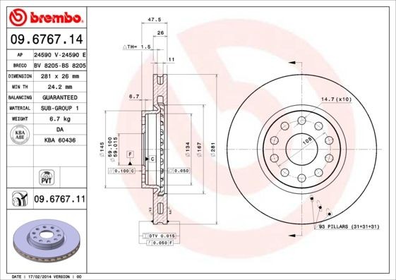 BREMBO 281x26mm, 5, internally vented Ø: 281mm, Num. of holes: 5, Brake Disc Thickness: 26mm Brake rotor 09.6767.14 buy