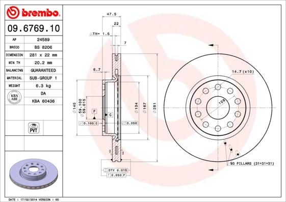 BREMBO 281x22mm, 5, internally vented Ø: 281mm, Num. of holes: 5, Brake Disc Thickness: 22mm Brake rotor 09.6769.10 buy