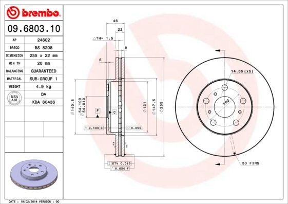 BREMBO 255x22mm, 5, internally vented Ø: 255mm, Num. of holes: 5, Brake Disc Thickness: 22mm Brake rotor 09.6803.10 buy