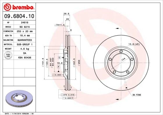 BREMBO 09.6804.10 Brake disc 253x20mm, 5, internally vented