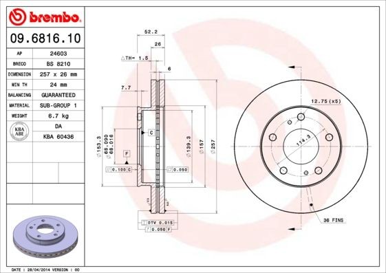 BREMBO 09.6816.10 Brake disc 257x26mm, 5, internally vented