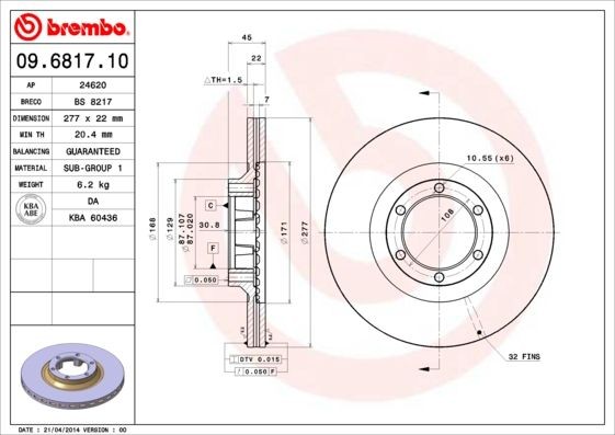 BREMBO 277x22mm, 6, internally vented Ø: 277mm, Num. of holes: 6, Brake Disc Thickness: 22mm Brake rotor 09.6817.10 buy