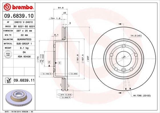 BREMBO 297x25mm, 5, internally vented Ø: 297mm, Num. of holes: 5, Brake Disc Thickness: 25mm Brake rotor 09.6839.10 buy