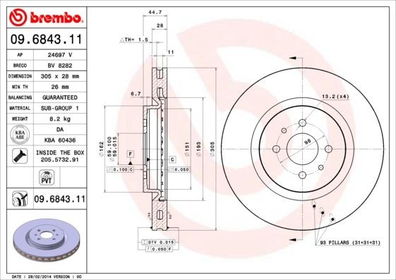 BREMBO COATED DISC LINE 305x28mm, 4, internally vented, Coated Ø: 305mm, Num. of holes: 4, Brake Disc Thickness: 28mm Brake rotor 09.6843.11 buy