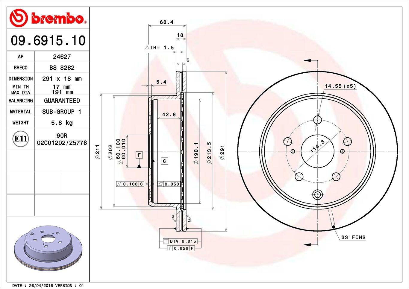 BREMBO 09.6915.10 Brake disc 291x18mm, 5, internally vented