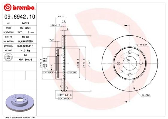 BREMBO 247x18mm, 4, internally vented Ø: 247mm, Num. of holes: 4, Brake Disc Thickness: 18mm Brake rotor 09.6942.10 buy