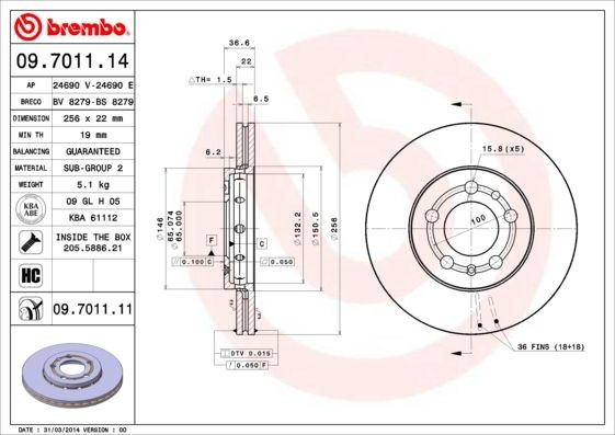 09.7011.11 Brake discs 09.7011.11 BREMBO 256x22mm, 5, internally vented, Coated, High-carbon