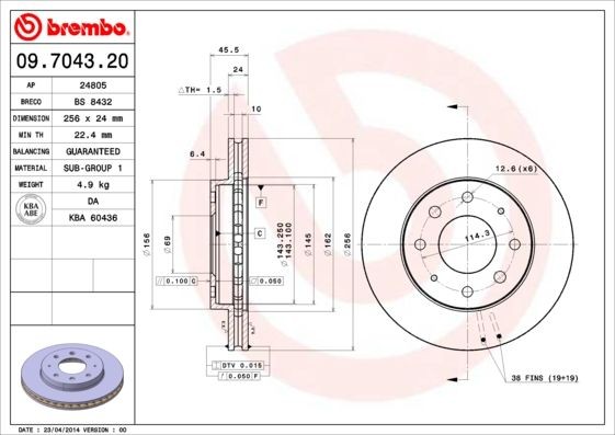 Original BREMBO Brake disc 09.7043.20 for MITSUBISHI SPACE RUNNER