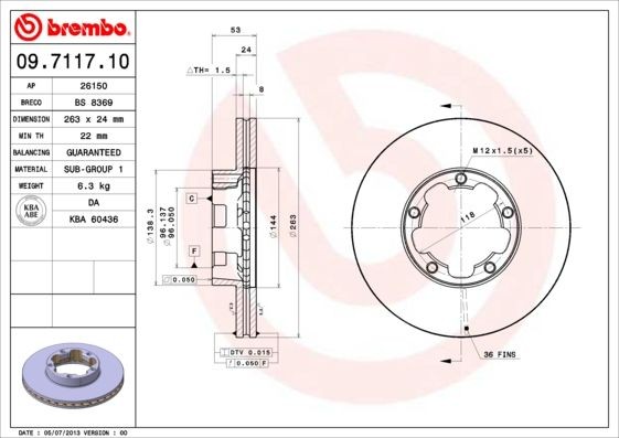 BREMBO 09.7117.10 Brake disc 263x24mm, 5, internally vented