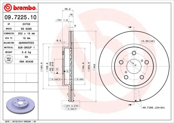 BREMBO 302x18mm, 5, internally vented Ø: 302mm, Num. of holes: 5, Brake Disc Thickness: 18mm Brake rotor 09.7225.10 buy