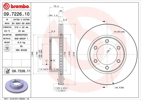 BREMBO 319x22mm, 6, internally vented Ø: 319mm, Num. of holes: 6, Brake Disc Thickness: 22mm Brake rotor 09.7226.10 buy