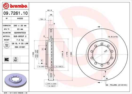 BREMBO 09.7261.10 Brake disc 290x26mm, 10, internally vented, High-carbon