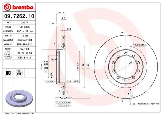 BREMBO 09.7262.10 Brake discs RENAULT Trafic I Platform/Chassis (P6)
