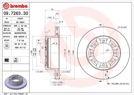 BREMBO 09.7263.30 Brake disc 290x22mm, 8, internally vented, High-carbon