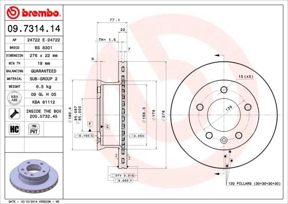 BREMBO 276x22mm, 5, internally vented, High-carbon Ø: 276mm, Num. of holes: 5, Brake Disc Thickness: 22mm Brake rotor 09.7314.14 buy