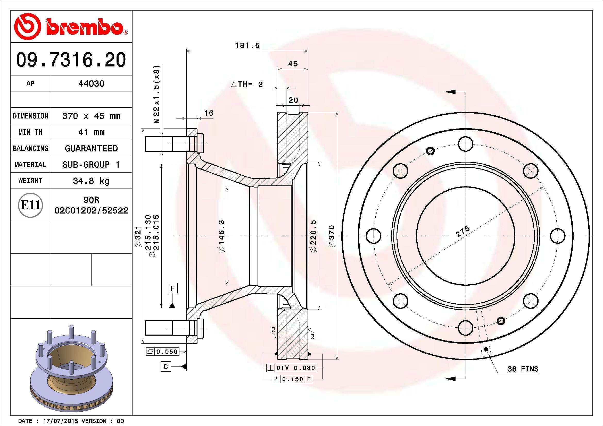 BREMBO 09.7316.20 Bremsscheibe für IVECO EuroCargo I-III LKW in Original Qualität