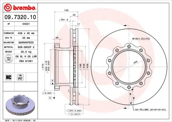 BREMBO 09.7320.10 Bremsscheibe für MAN F 2000 LKW in Original Qualität