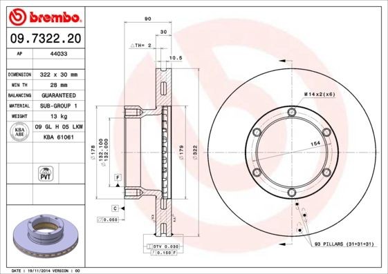 BREMBO 322x30mm, 6, internally vented Ø: 322mm, Num. of holes: 6, Brake Disc Thickness: 30mm Brake rotor 09.7322.20 buy