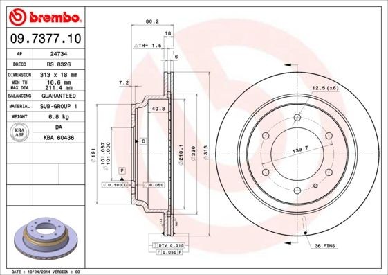 BREMBO 313x18mm, 6, internally vented Ø: 313mm, Num. of holes: 6, Brake Disc Thickness: 18mm Brake rotor 09.7377.10 buy