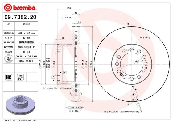 BREMBO 432x45mm, 12, internally vented, High-carbon Ø: 432mm, Num. of holes: 12, Brake Disc Thickness: 45mm Brake rotor 09.7382.20 buy