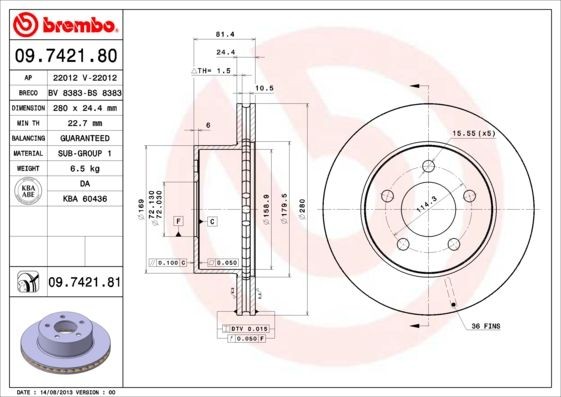 BREMBO 09.7421.80 Brake disc 280x24,5mm, 5, internally vented