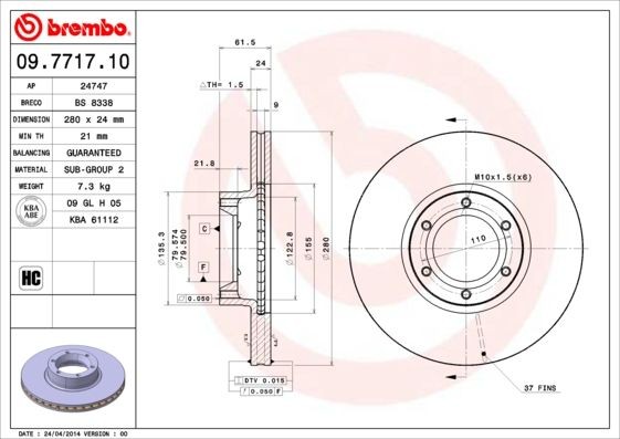 BREMBO 280x24mm, 6, internally vented Ø: 280mm, Num. of holes: 6, Brake Disc Thickness: 24mm Brake rotor 09.7717.10 buy