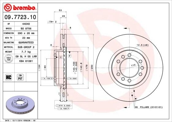 BREMBO 09.7723.10 Brake disc 290x26mm, 6, internally vented, High-carbon