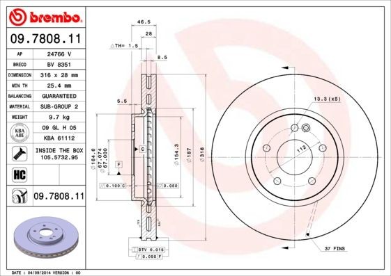 BREMBO COATED DISC LINE 09.7808.11 Brake disc 316x28mm, 5, internally vented, Coated, High-carbon