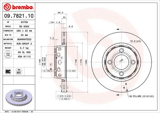 BREMBO 280x22mm, 4, internally vented Ø: 280mm, Num. of holes: 4, Brake Disc Thickness: 22mm Brake rotor 09.7821.10 buy