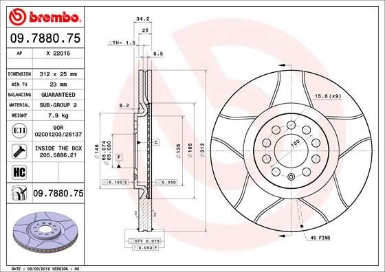 BREMBO 09.7880.75 Brake rotor 312x25mm, 5, internally vented, slotted, Coated, High-carbon