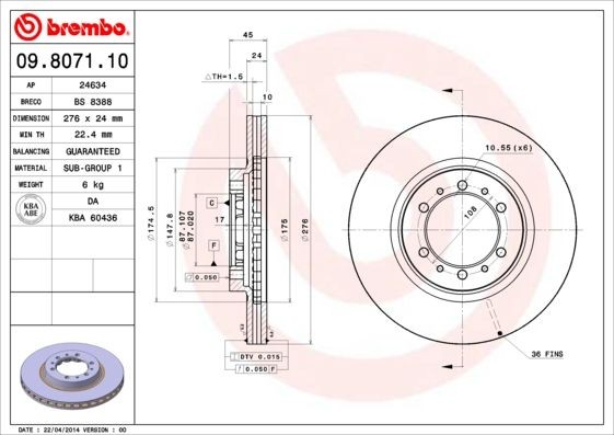 BREMBO 09.8071.10 Brake disc 276x24mm, 6, internally vented