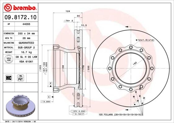 BREMBO 330x34mm, 12, internally vented, High-carbon Ø: 330mm, Num. of holes: 12, Brake Disc Thickness: 34mm Brake rotor 09.8172.10 buy