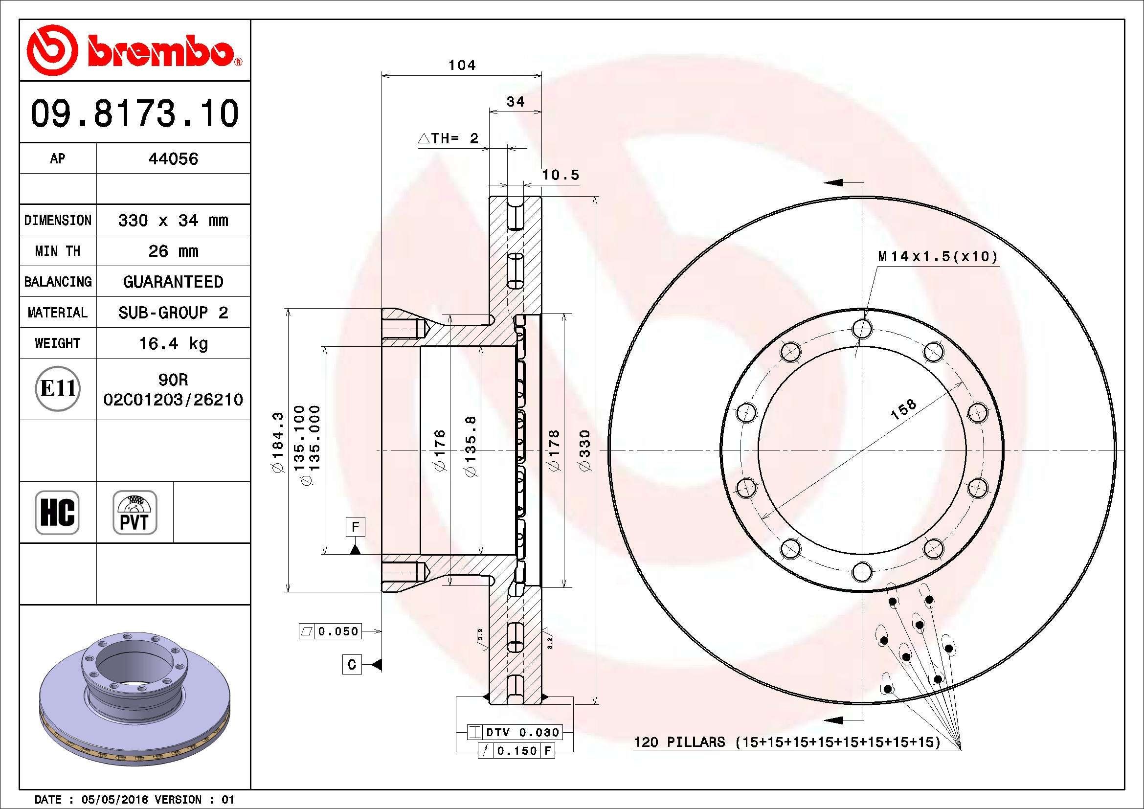 BREMBO 330x34mm, 10, internally vented, High-carbon Ø: 330mm, Num. of holes: 10, Brake Disc Thickness: 34mm Brake rotor 09.8173.10 buy