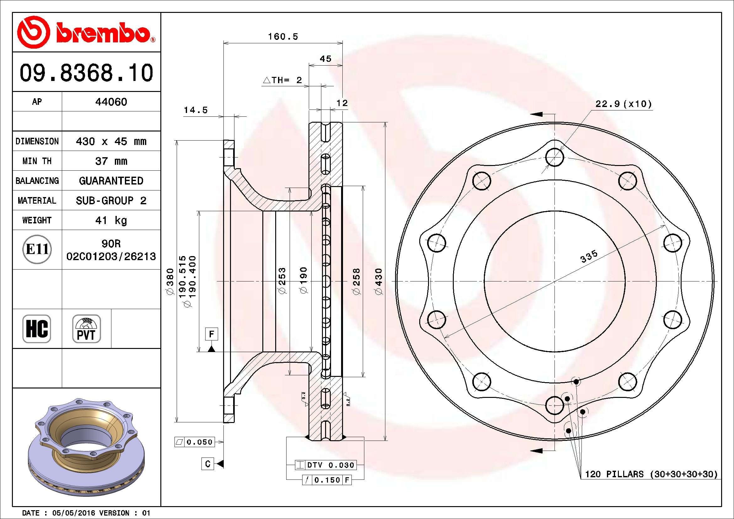 BREMBO 430x45mm, 10, internally vented, High-carbon Ø: 430mm, Num. of holes: 10, Brake Disc Thickness: 45mm Brake rotor 09.8368.10 buy
