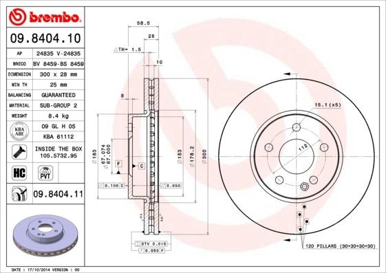Original BREMBO Brake disc 09.8404.10 for MERCEDES-BENZ V-Class